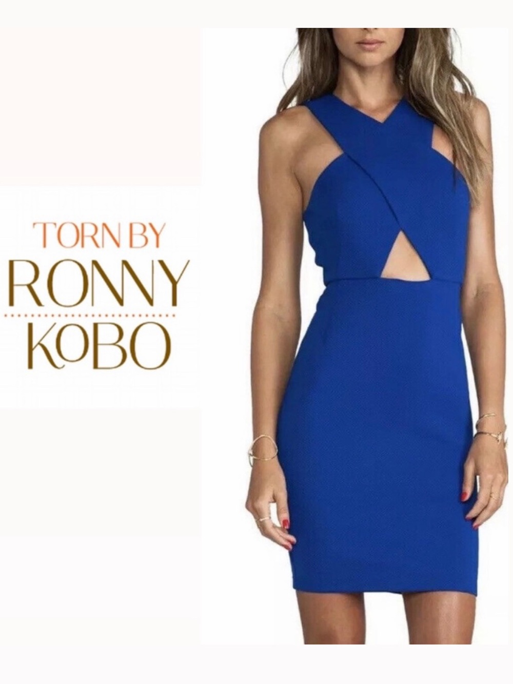 TORN BY RONNY KOBO Angelica Blue Waffle Knit Criss Cross Cut Out Dress
